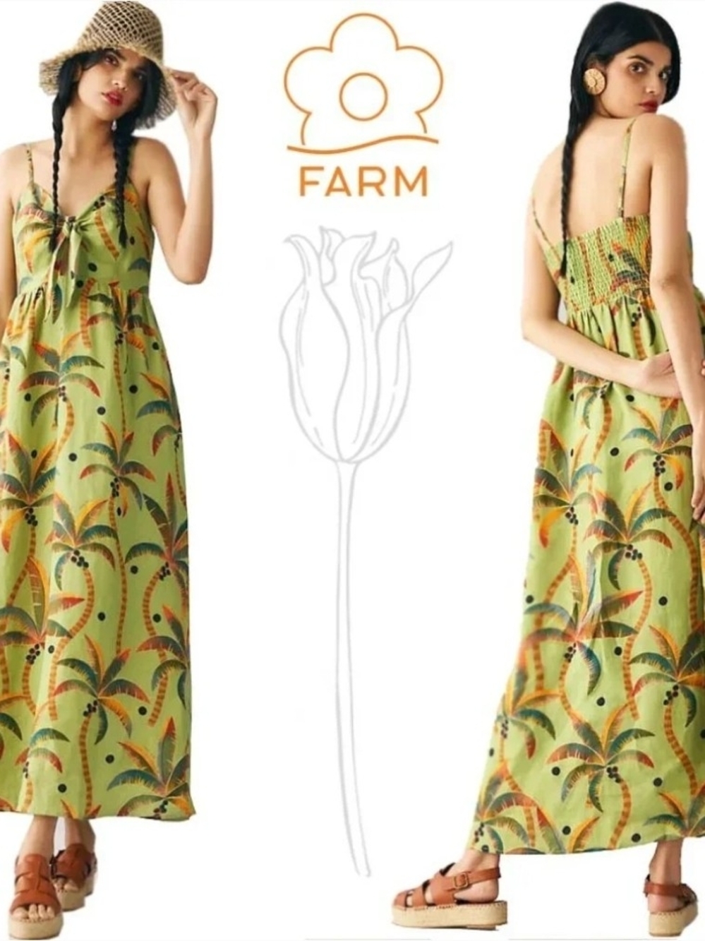 FARM Rio 100% Linen Palm-Print Maxi Dress with Smocked Back and Spaghetti Straps - Picture 1 of 8